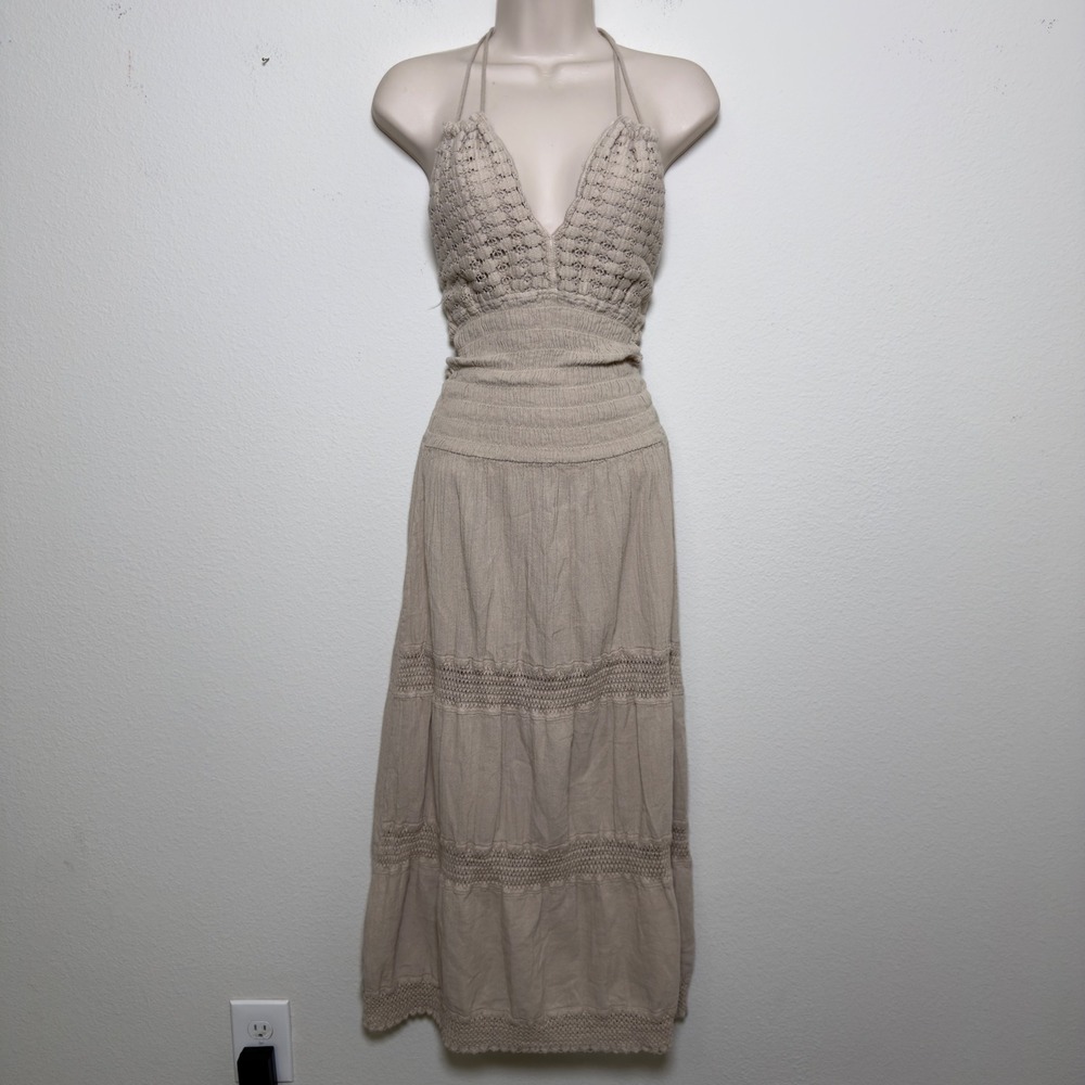 Sea Spice Women 100% Peruvian Cotton Maxi Dress Med Crochet Halter Cottage Boho